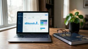 MacBook with content dashboard beside reading glasses and industry report — E-E-A-T SEO author expertise