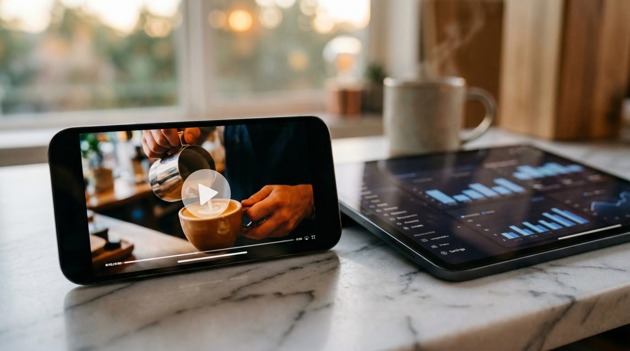 Smartphone displaying short-form video ad beside a tablet with analytics illustrating the future of paid advertising on mobile
