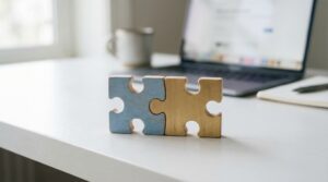 Two puzzle pieces fitting together on a desk symbolizing the process of combining marketing data for unified insights