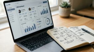 Laptop showing CRM dashboard beside a data flow notebook illustrating first-party data strategy collection methods