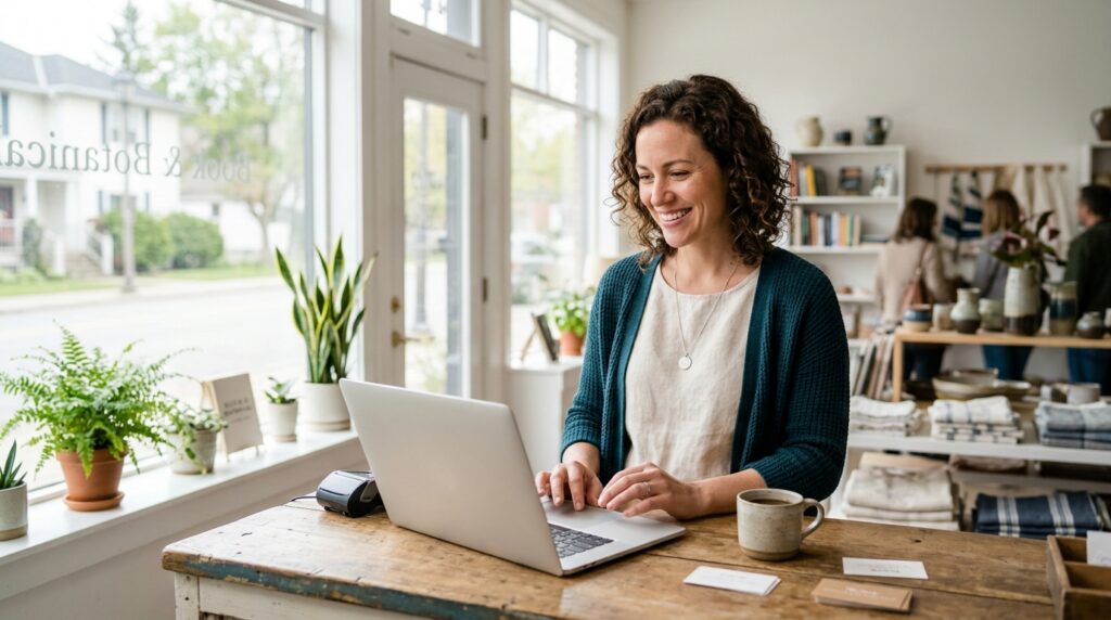 Small-business owner using a laptop to improve visibility in Google generative AI search