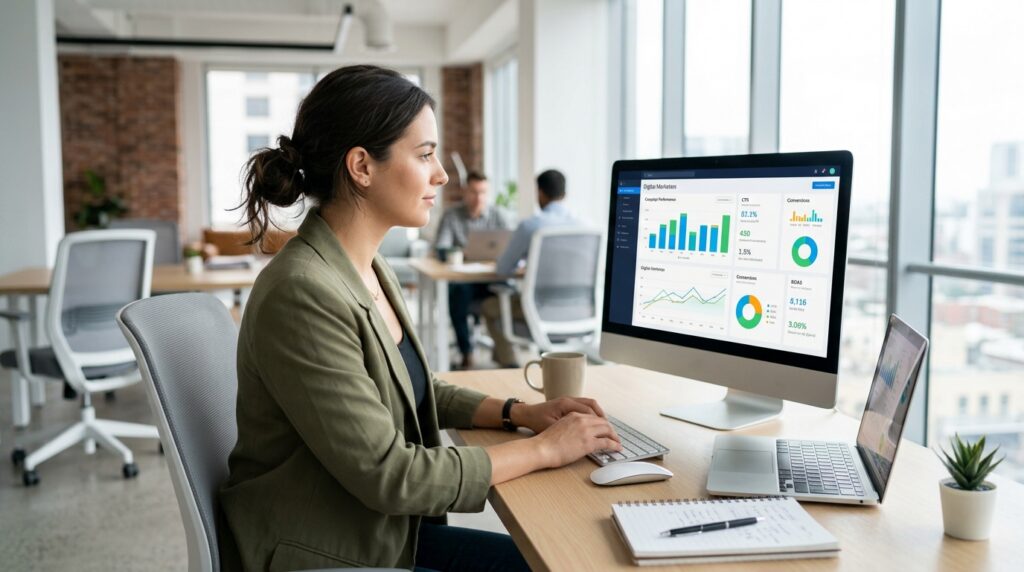 Professional marketer reviewing Google Display Ads campaign performance on computer screen in modern office