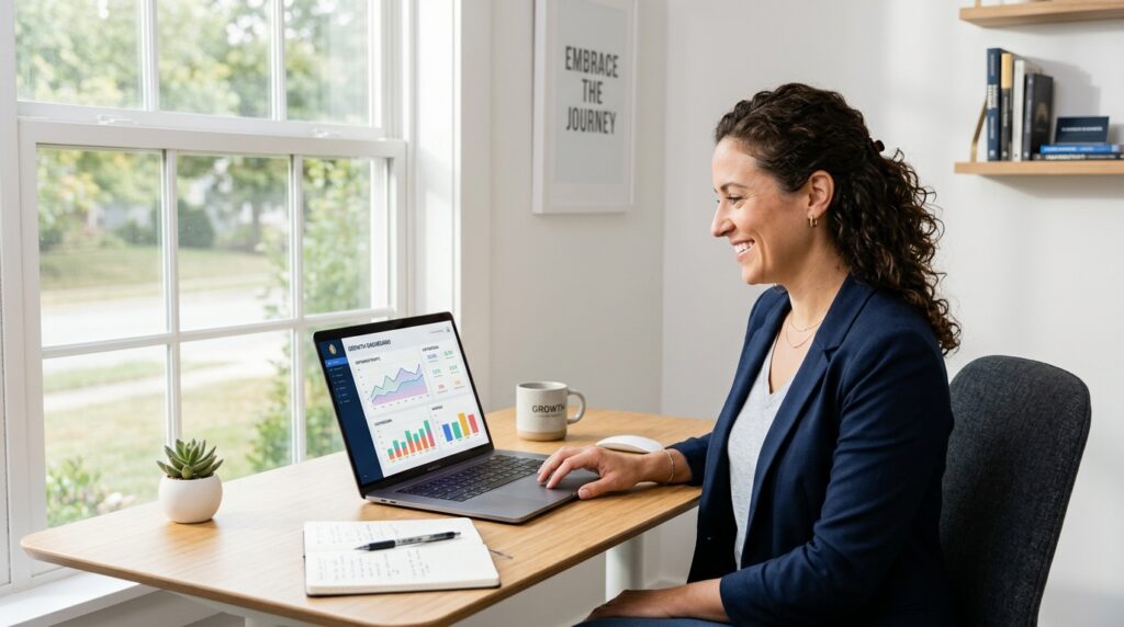 Small business owner reviewing search analytics on laptop with confident expression