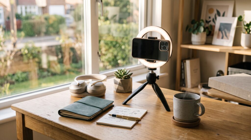 Smartphone on a ring-light tripod at a content creator's desk, influencer marketing blog featured image