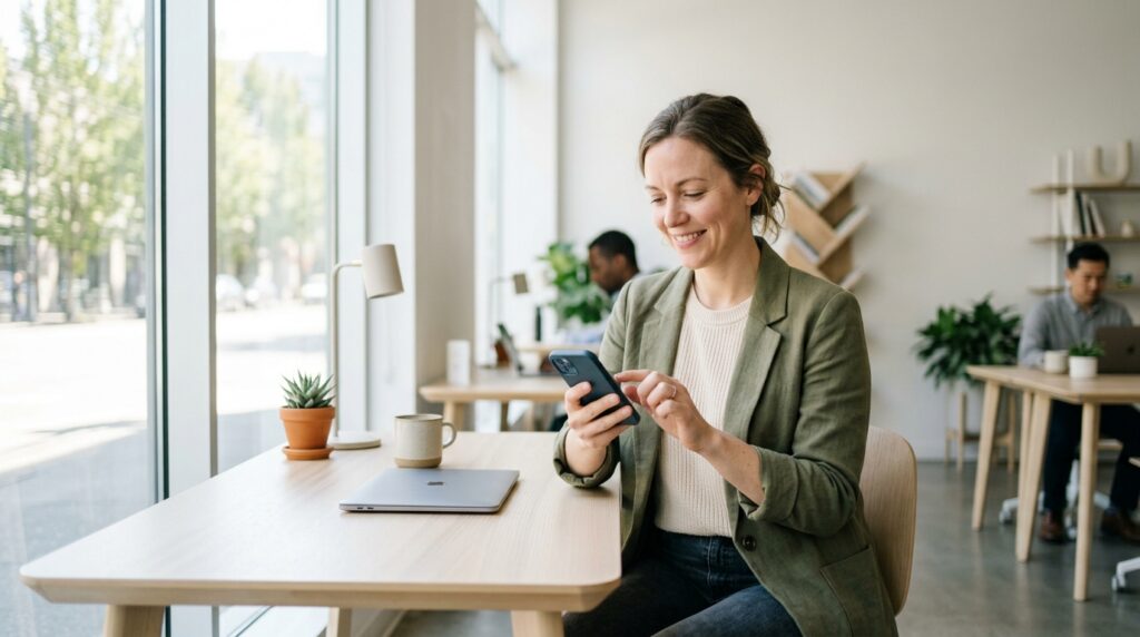Small business owner engaged with digital commerce technology in modern workspace
