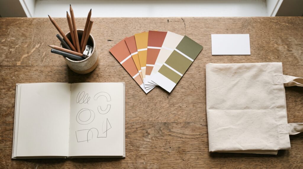 Design table with color swatches, a sketchbook of logo shapes, a blank business card, and a canvas tote, representing brand identity for small business