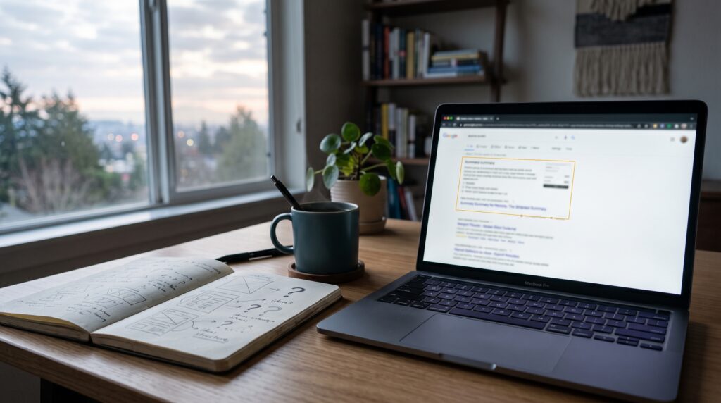 Home office desk at dawn with a laptop showing a highlighted search summary, representing how to rank in AI Overviews